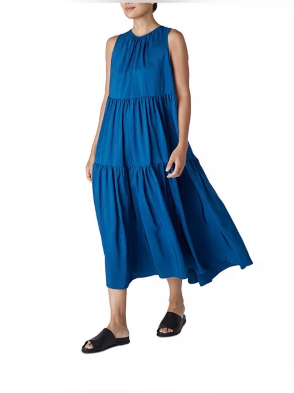 Eileen Fisher Washed Silk Round Neck Tiered Midi Dress Size Large NWT - C60-016